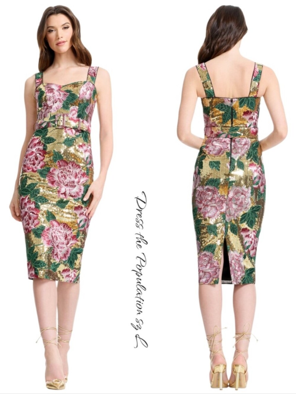 Dress The Population Nicole Sequin Floral Midi Dress L NWT